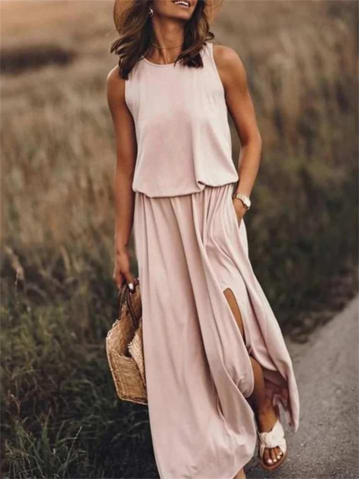 Spring and Summer New European Women's Round Neck Sleeveless Dress Open Solid Color Casual Commuter Long Dress-Hoverseek