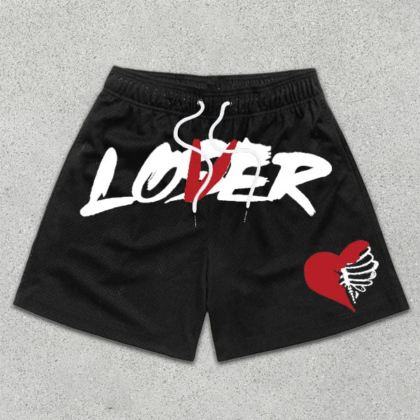 VChics Men's Loser Lover Print Drawstring Mesh Shorts