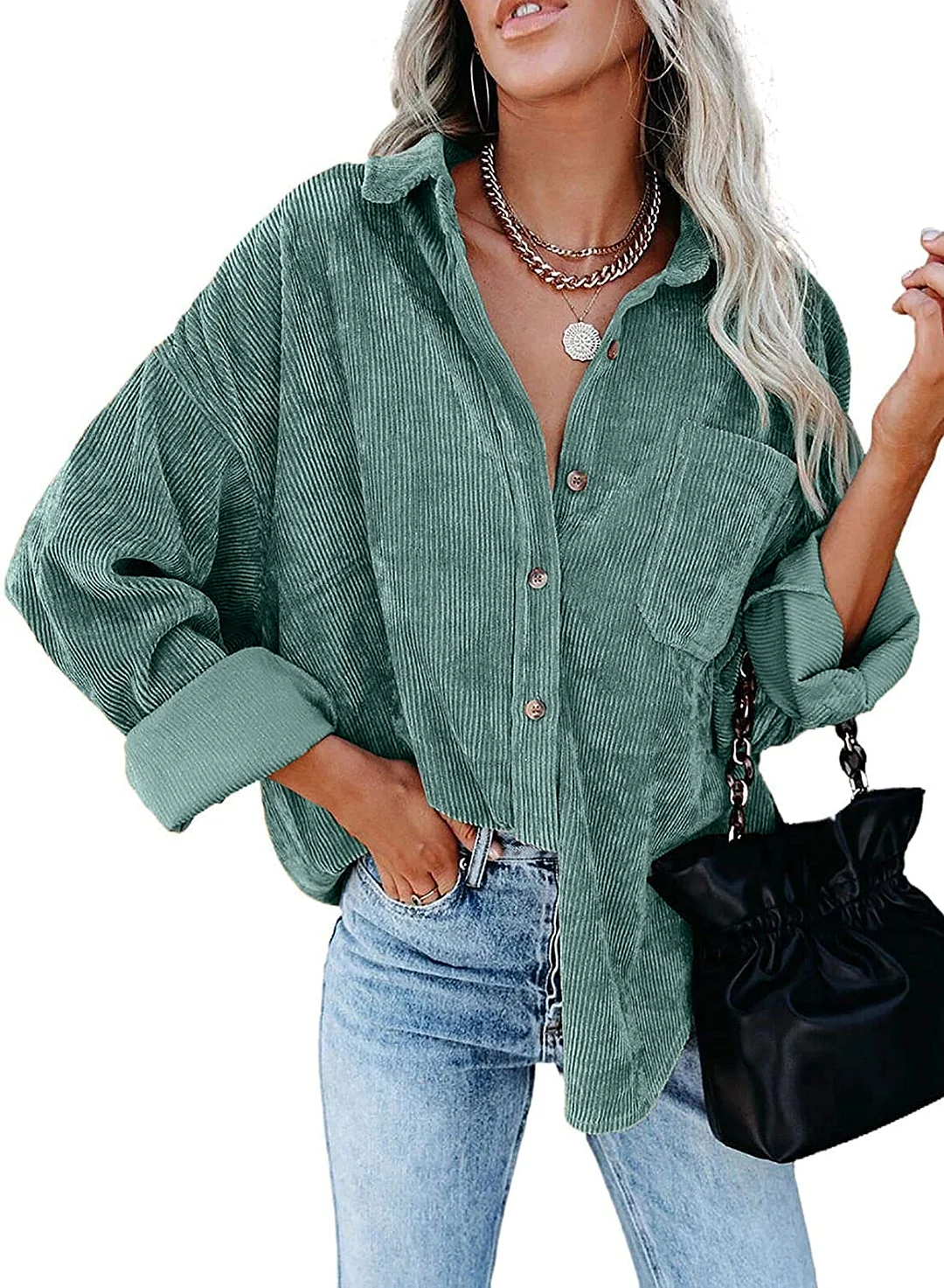 MIHOLL Women Corduroy Long Sleeve Button Down Collared Shirt Jacket Tops