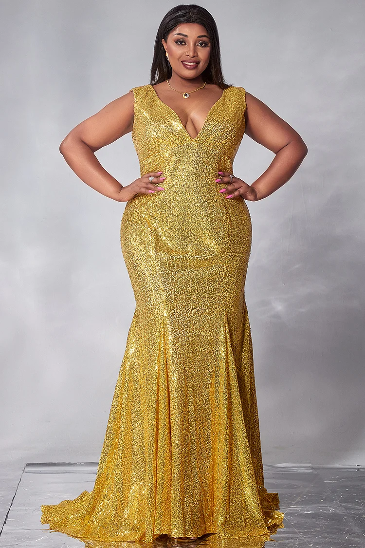 Xpluswear Design Plus Size Formal Maxi Dresses Elegant Gold Fall Winter V Neck Lace Up Sequin Maxi Dresses [Pre-Order]