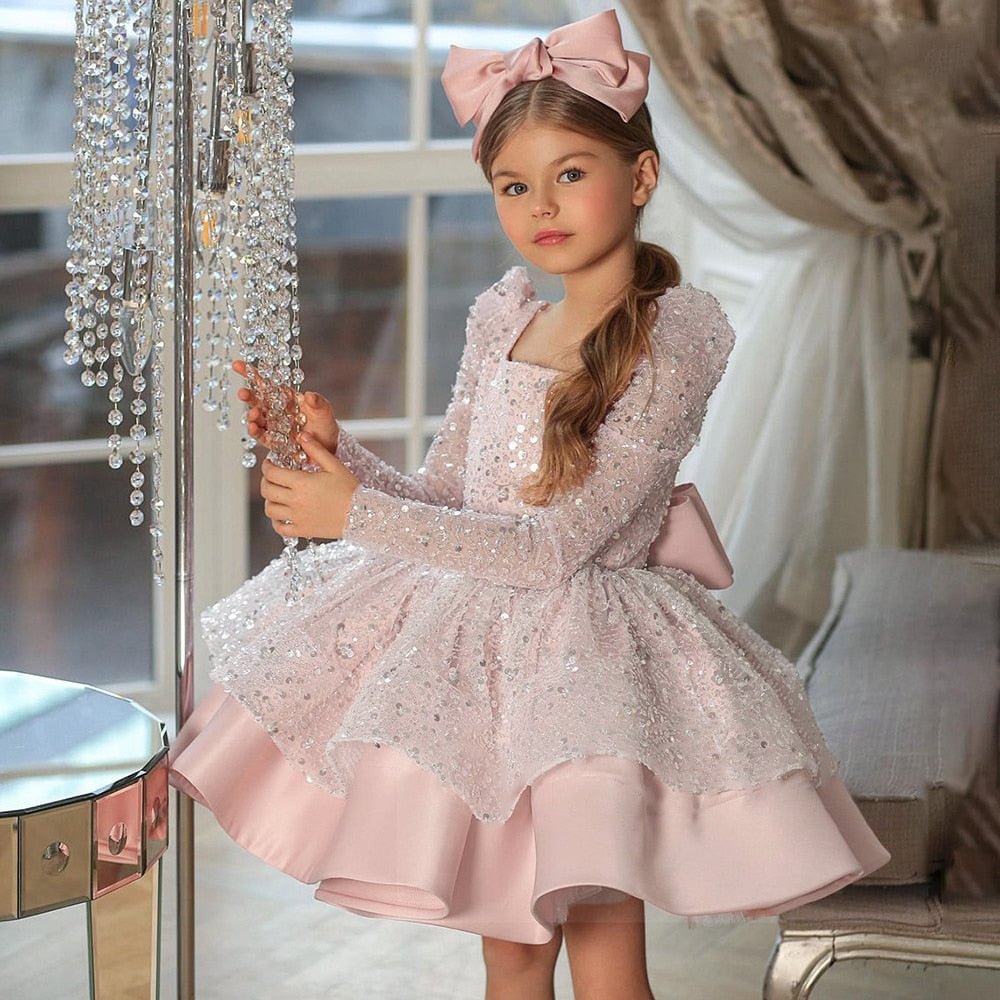 2022 Fluffy Sequins Bow Kids Wedding Dress for Girl Birthday Elegant Bridesmaids Lace Party Evening Princess Dress Gown Costumes