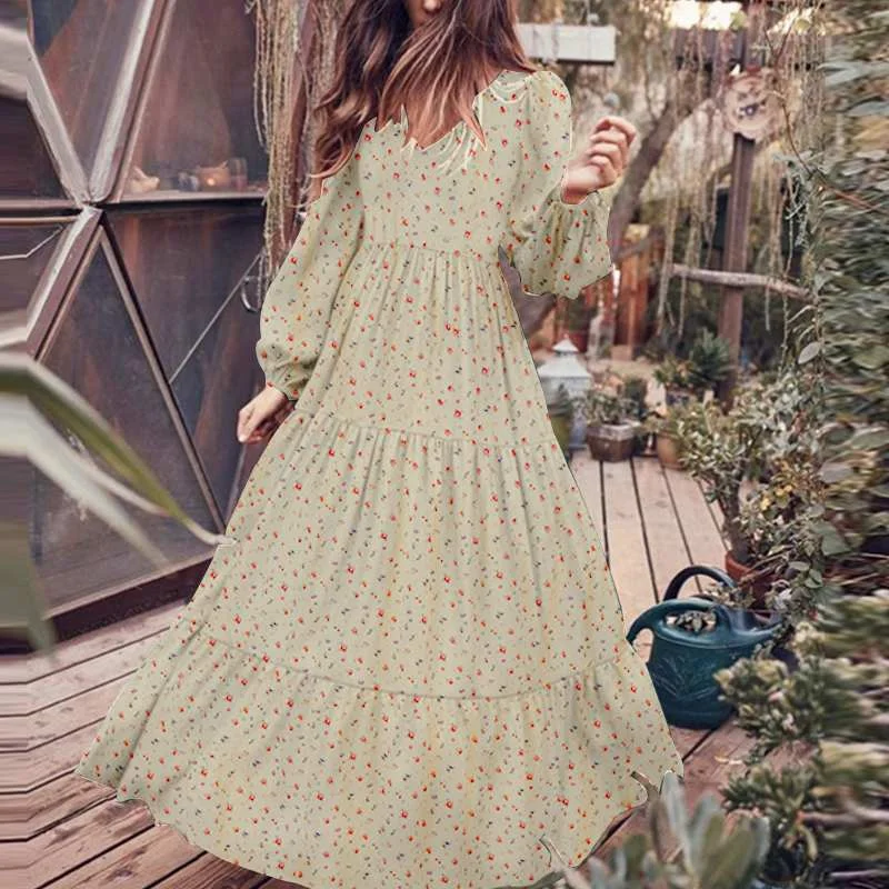 Women's Autumn Sundress ZANZEA 2022 Fashion Ruffle Maxi Dress Casual Puff Sleeve Tunic Vestidos Floral Print Robe