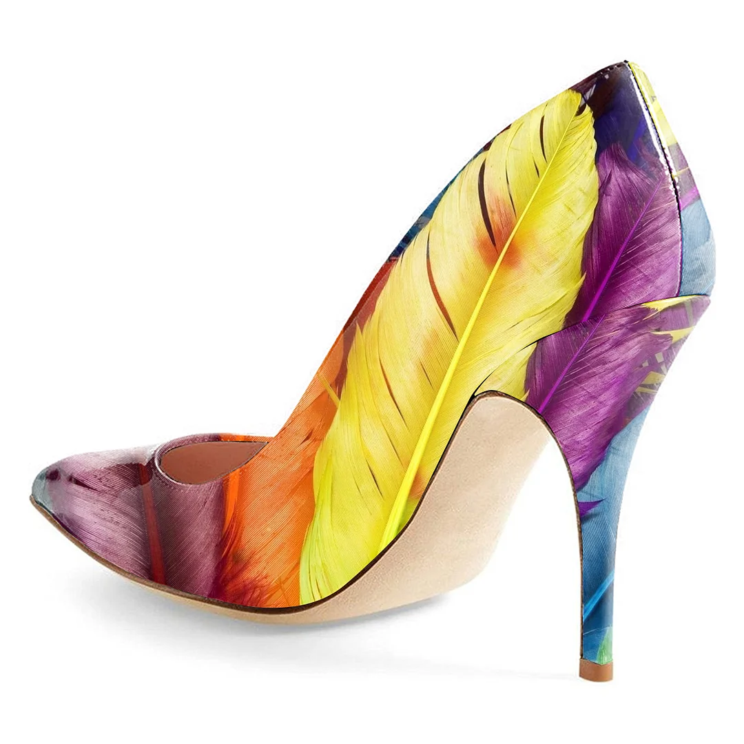 Colorful Feather Printed Patent Leather Pumps with Stiletto Heel