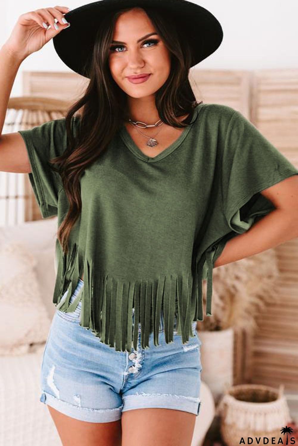 Fringe Hem V Neck T Shirt