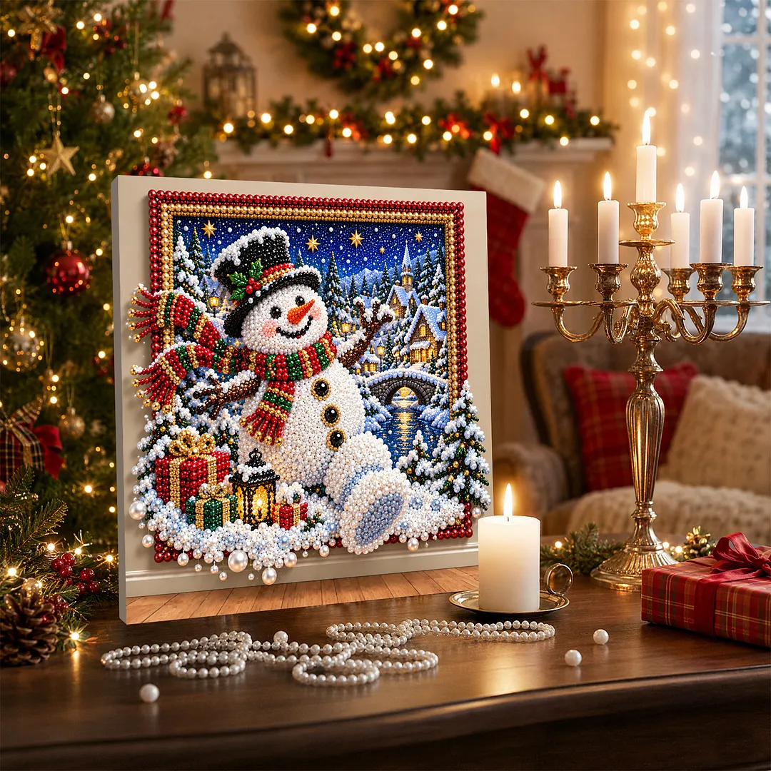 Framed Pearl Painting Kit Snowman Scene for Adults 30x30cm