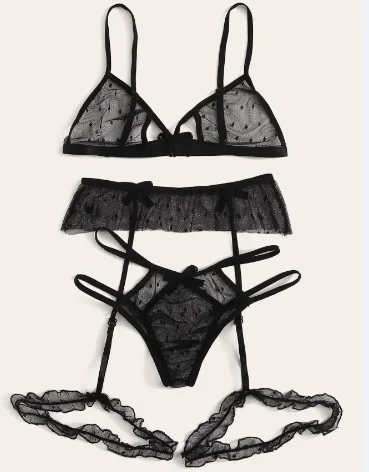 Brownm Sex Net Yarn Three-Point Set Sexy Mesh Yarn Perspective Bra Panties Garter Three-Piece Set 1500