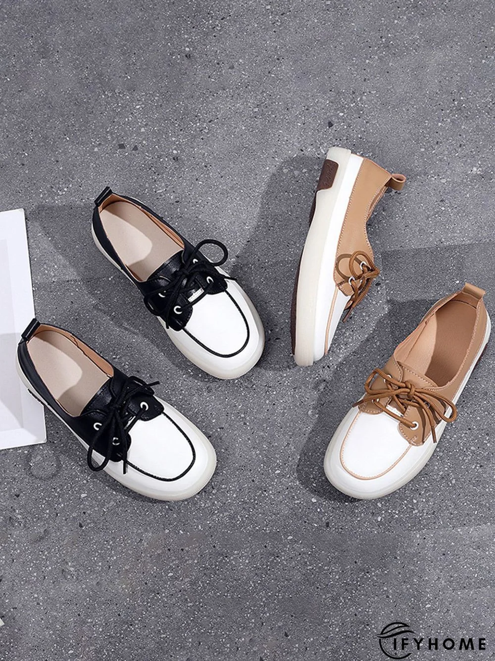 Casual Split Joint Color Block Leather Lace Up Flat Shoes | IFYHOME