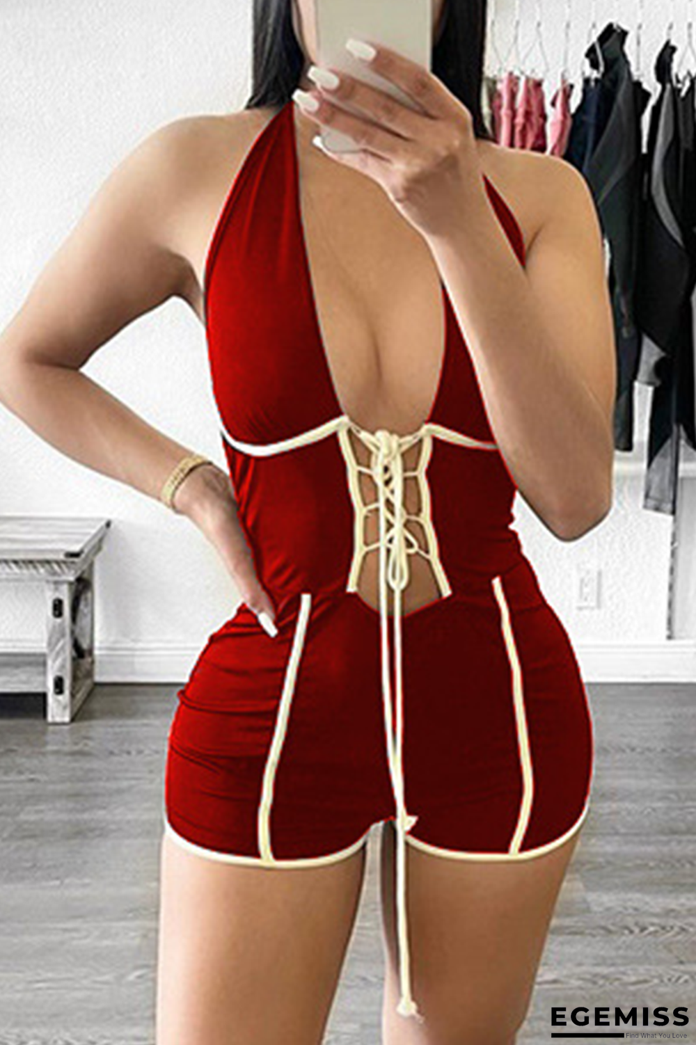 Red Sexy Patchwork Draw String Halter Skinny Jumpsuits | EGEMISS
