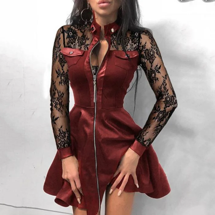 V-Neck Zipper Pu Pocket Dress