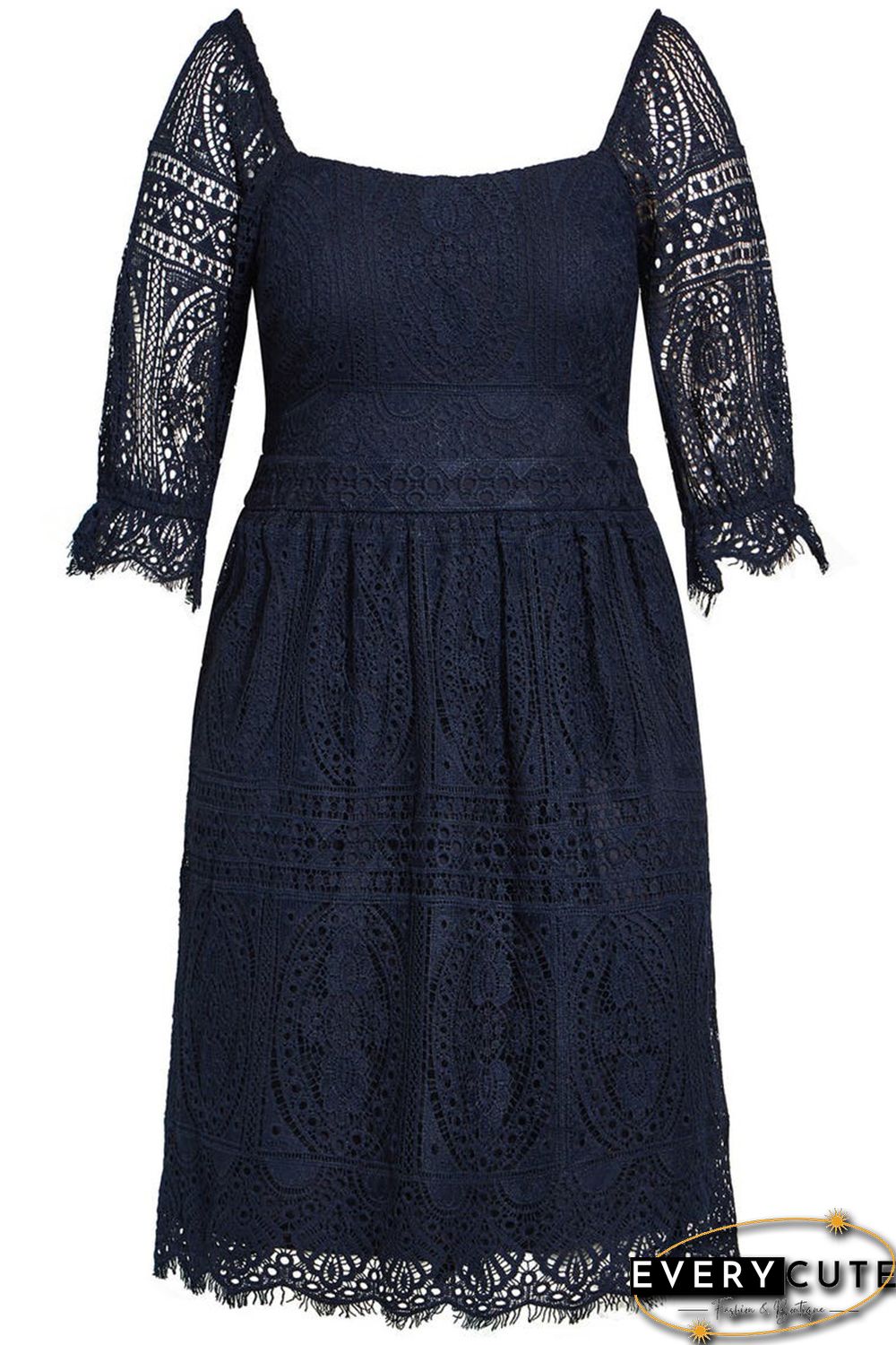 Black Eyelash Lace Square Neck Plus Size Dress