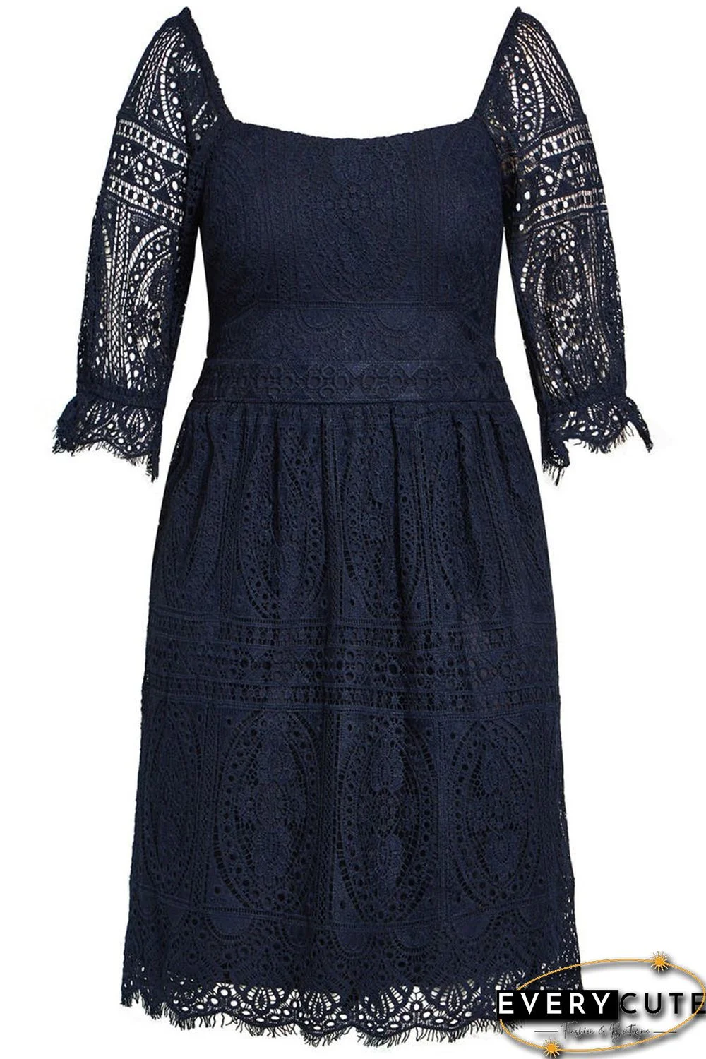 Black Eyelash Lace Square Neck Plus Size Dress