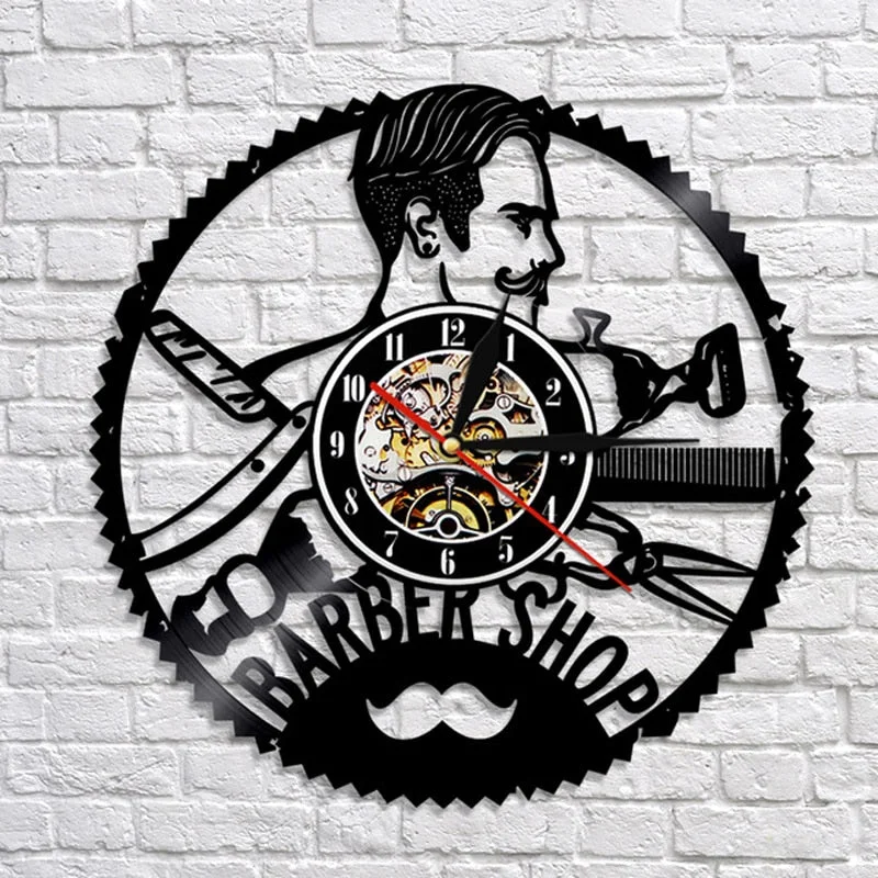 Barber Shop Wall Clock Modern Barbershop Decoration Vinyl Record Wall Clock Hanging Hairdresser Wall Watch for Barber Salon