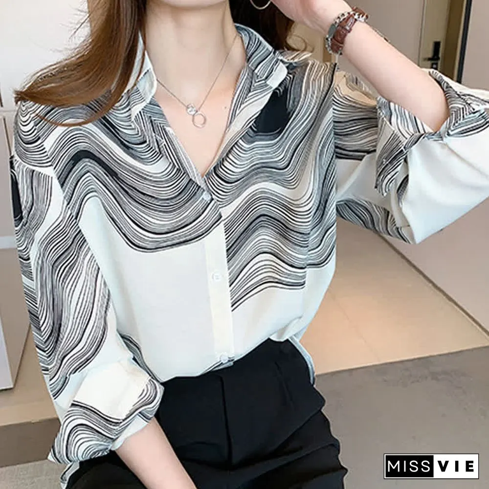 Colorblock Stripe Print Lapel Shirt Workwear