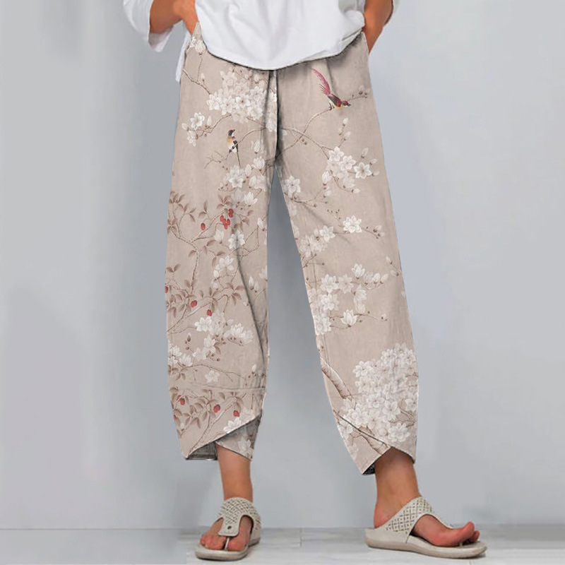 Comstylish Retro Floral And Bird Print Loose Casual Pants
