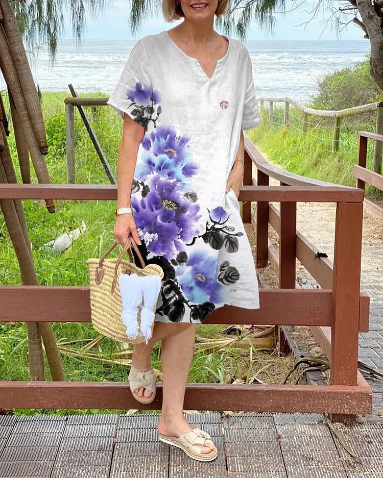 V Neck Purple Peony Watercolor Casual Knee Length Shift Dress