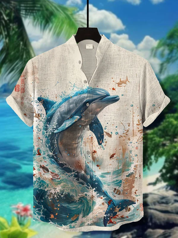 Men's Dolphins Leaping In The Sea Japanese Art Print Casual Shirt