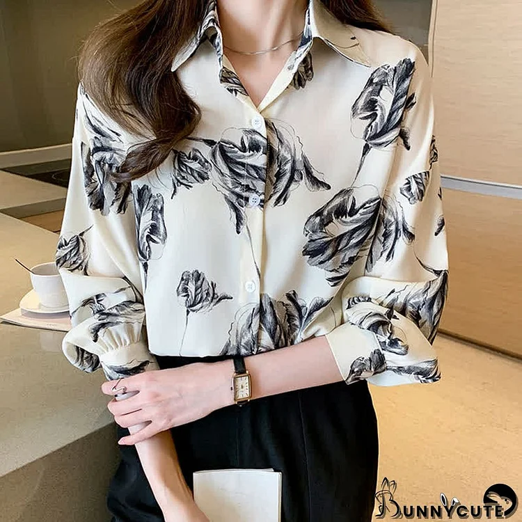 Ink Painting Blossom Print Lapel Shirt Workwear