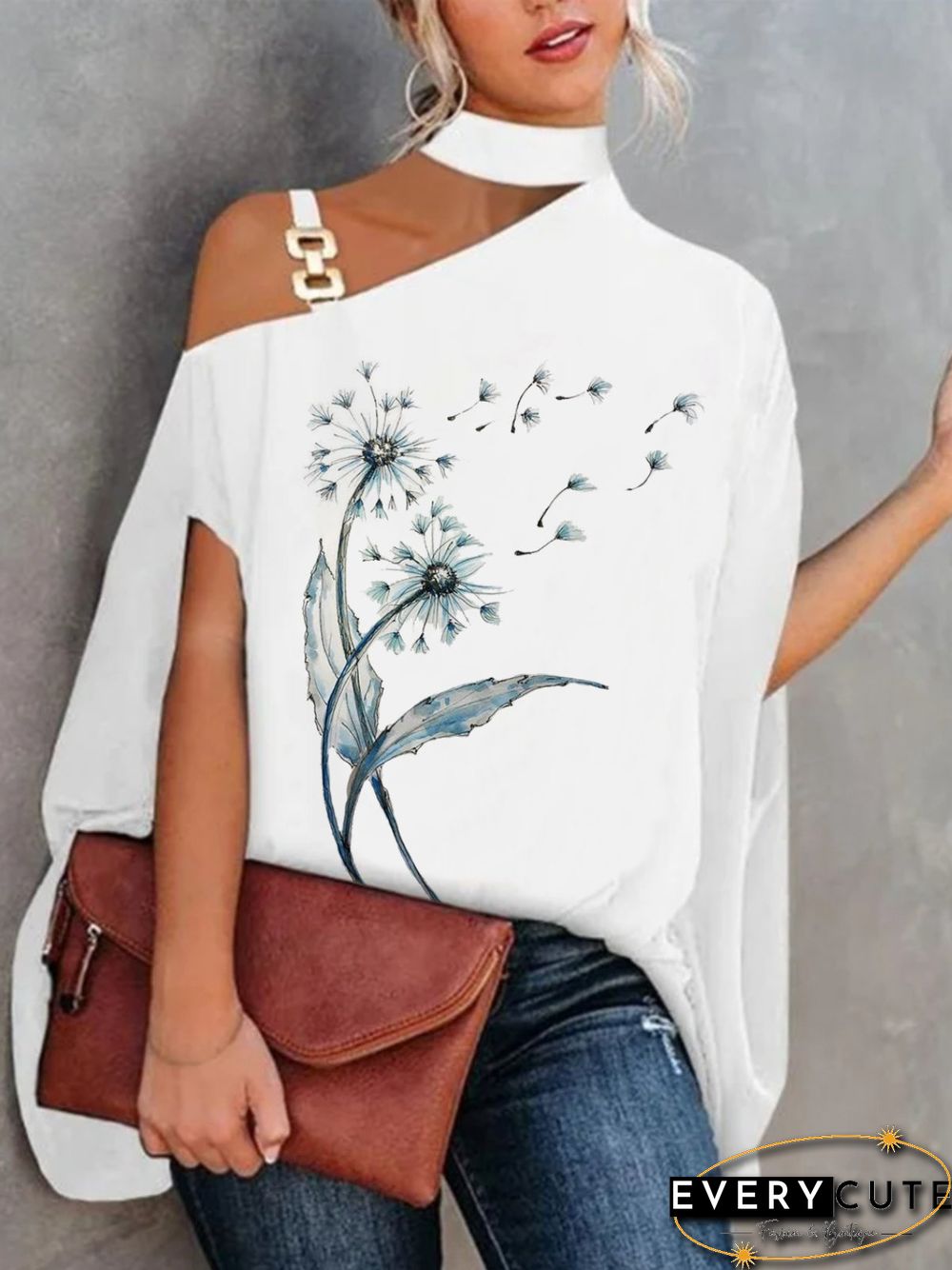 Casual Dandelion Short Sleeve Round Neck Plus Size Printed Tops T-shirts