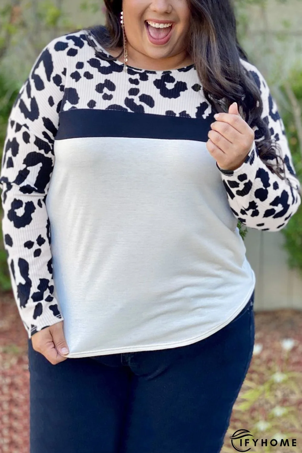 Leopard Plus Size Leopard Colorblock Long Sleeve Top | IFYHOME