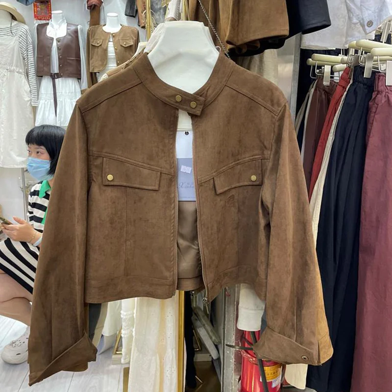 Woherb Retro Standing Collar Leather Velvet Early Autumn Coat Female Short Style Fashion Loose Casual Motorcycle Suit Small Jacket Jacket-Outfit Ideas