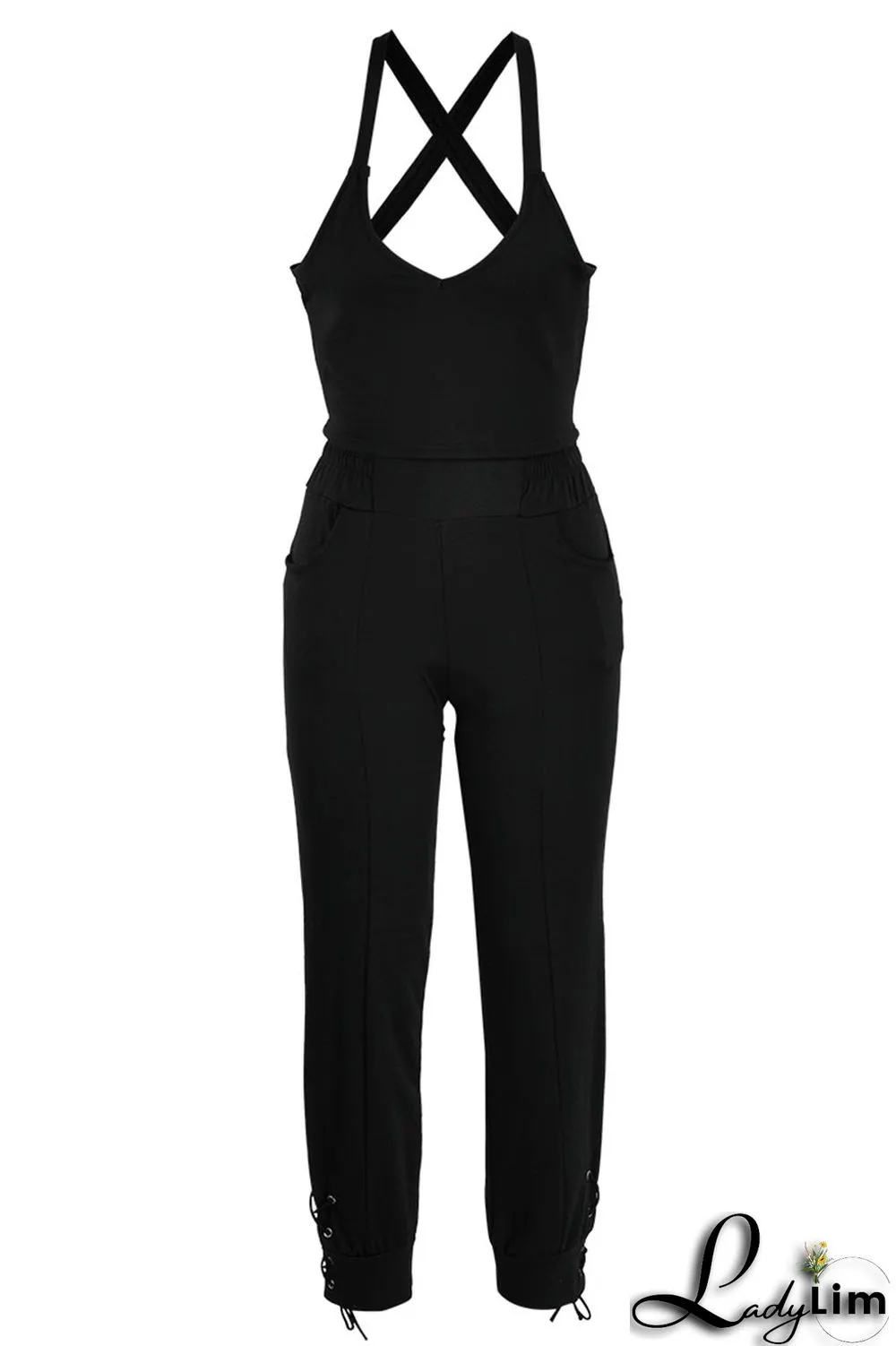 Dark Blue Casual Solid Split Joint Spaghetti Strap Sleeveless Two Pieces
