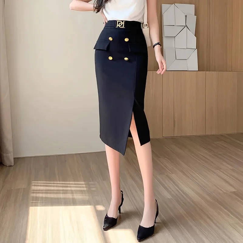 Ueong Elegant Women's Skirts Chic Buttons Intage Straight Pencil Skirt Office Ladies High Waist Slim Mid-Length Skirts P570