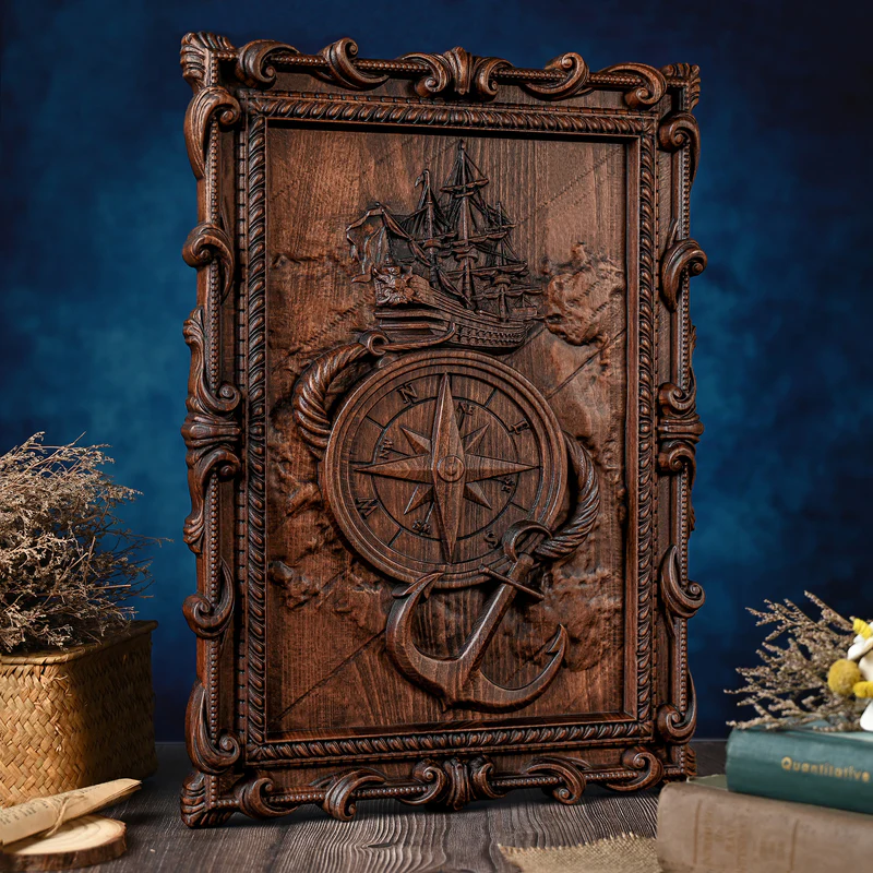 Scandinavian Viking Style Mariner's Compass and Anchor Wooden Wall Decoration