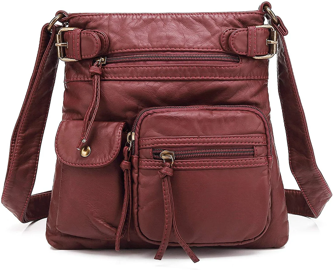 Small Multi Pocket Crossbody Bag for Women, Ultra Soft Washed Vegan Leather Shoulder Purse, H1833