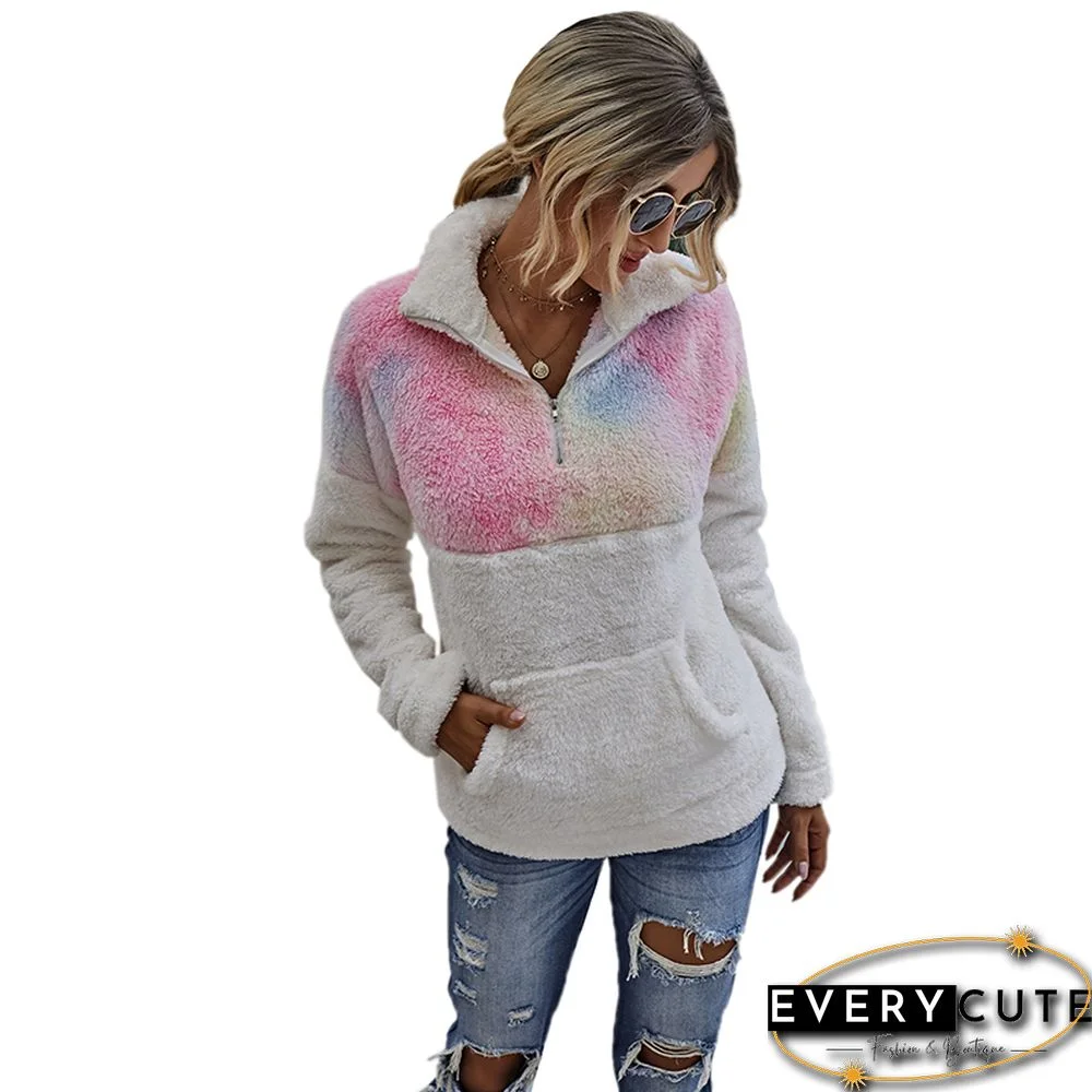 Pink Zip Colorblock Kangaroo Pocket Sweatshirt