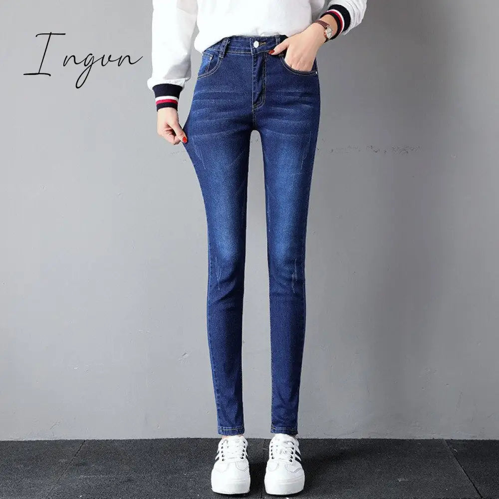 Ingvn - Black Women Autumn Washed Jeans Mid Waist Y2K Cotton Fashion Chic All - Match Pants Slim