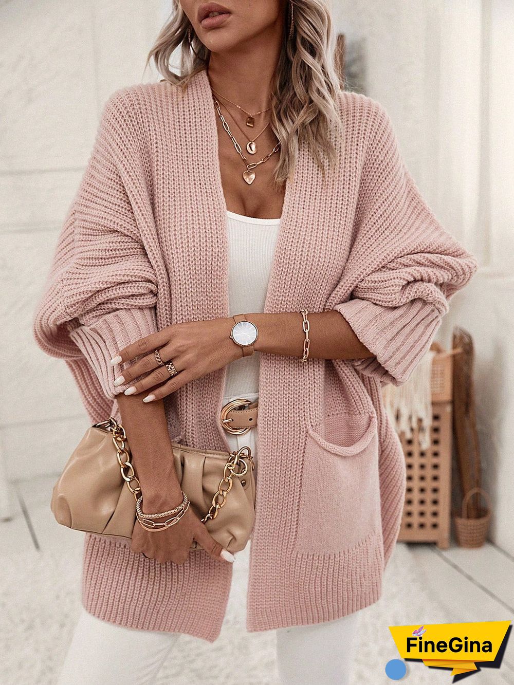 Pink Plain Side Pocket Cardigan