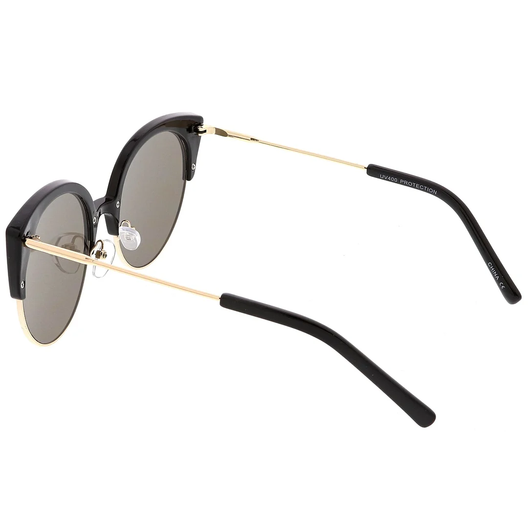 Women's Half Frame Cat Eye glasses Ultra Slim Arms Mirrored Round Flat Lens 53mm