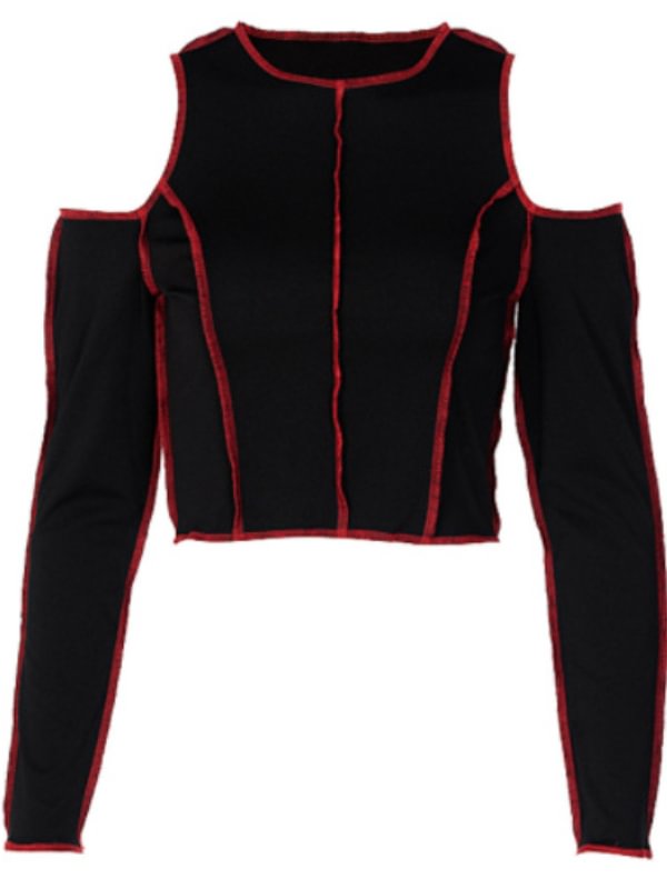 Gothic Dark Long Sleeve Off-shoulder Solid Pattern Crew Neck T-shirt