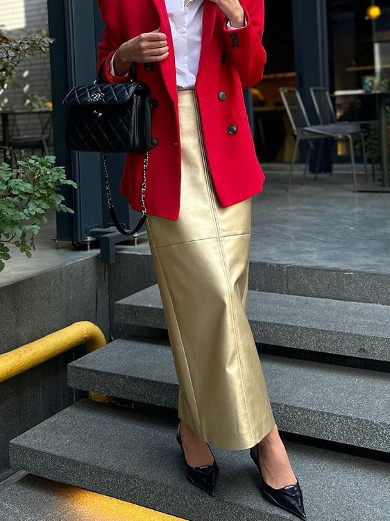 PU Leather Patchwork Solid Color High Waist Straight Cut Skirt