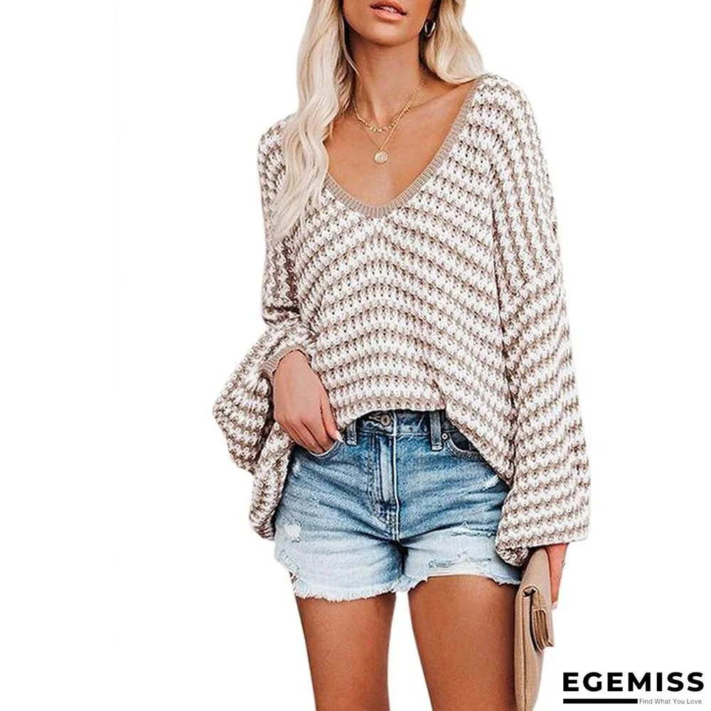 Pullover Striped Sweater V-neck Long Sleeve Sweater | EGEMISS