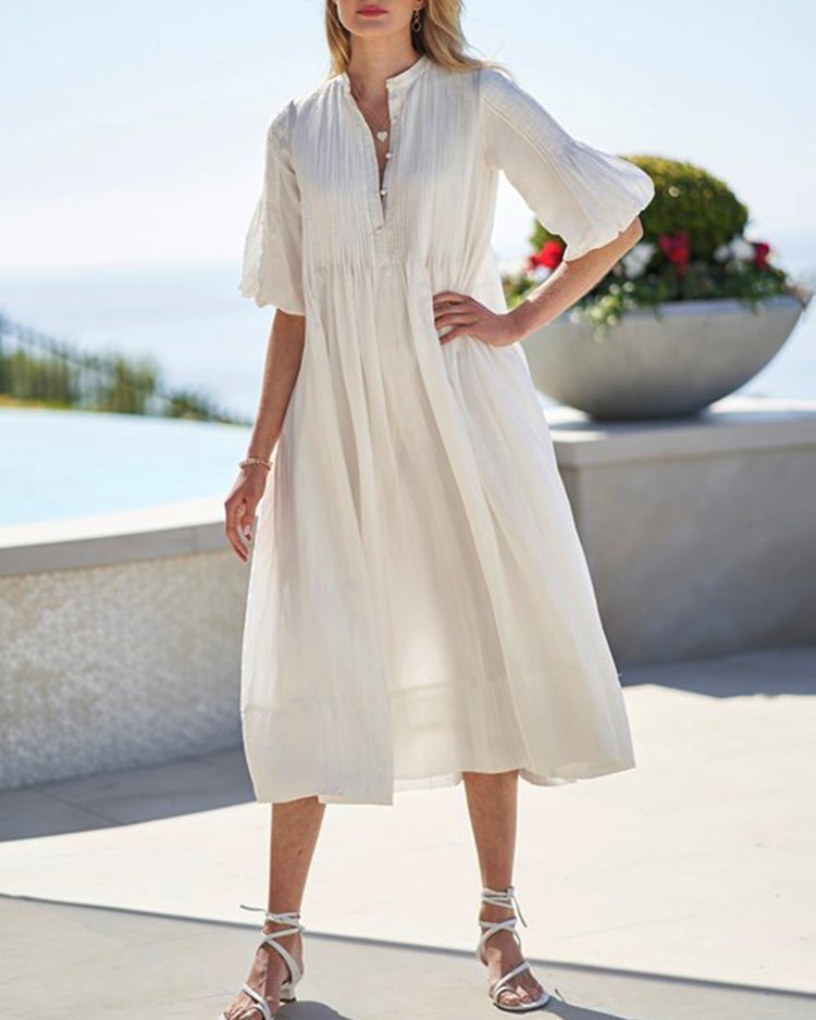 RESORT MIDI DRESS PLEATED OVERSIZE COTTON LINEN