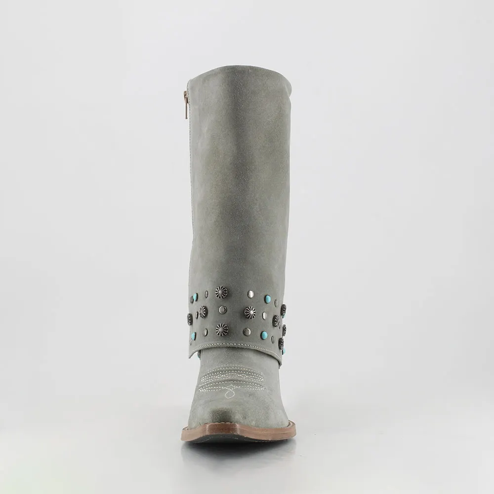Chic Grey Snip Toe Fold Over Studded Western Boots for Women
