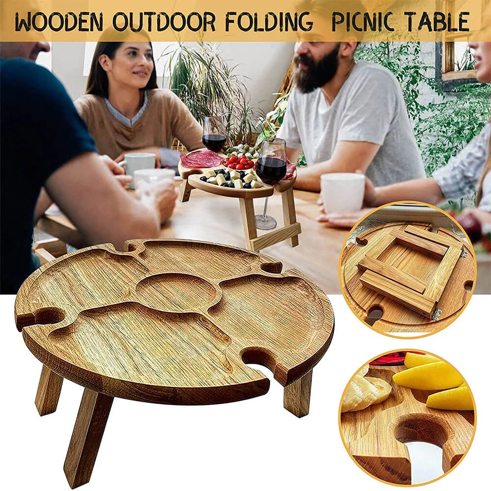 Outdoor Folding Wood Picnic Table With Glass Holder