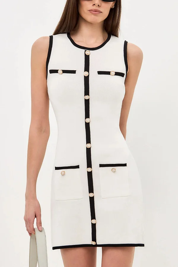 Elegant Sleeveless Round Neck Pearl Button Knitted Mini Dress