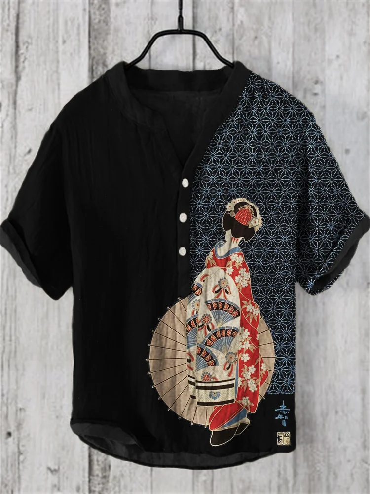 Japanese Geisha with Umbrella Art Linen Blend Shirt