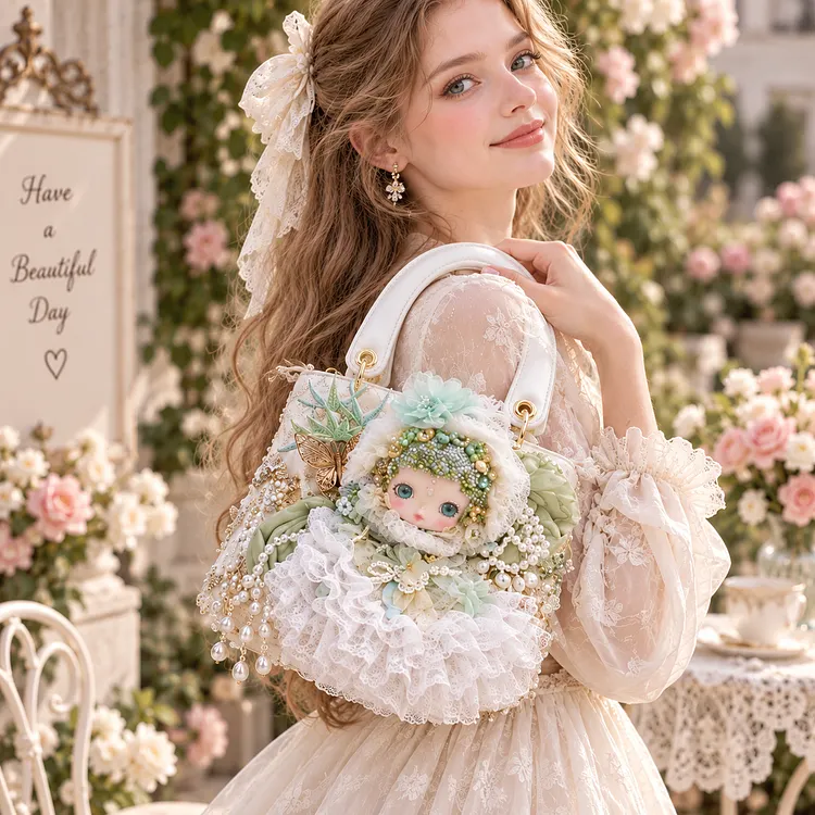 Handmade Fairy Doll Handbag &ndash; Luxury Pearl & Lace Embellished Statement Bag with Floral Details, Unique Romantic Purse for Women