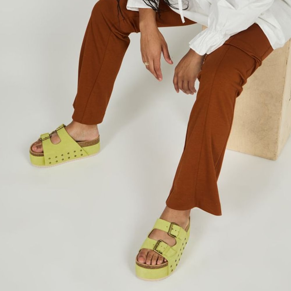 Green Suede Slippers With Strap Buckle Rivet Decor Mules Nicepairs