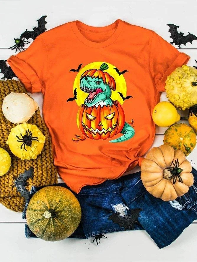 Halloween Pumpkin Dinosaur Graphic Short Sleeve Shirts & Tops