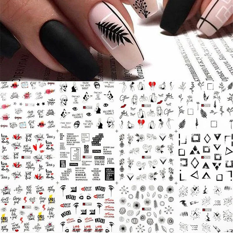 12Designs Simple Green Leaves Flower Nail Water Decals Harunouta Geometric Lines Watermarks Stickers Decoration Manicures