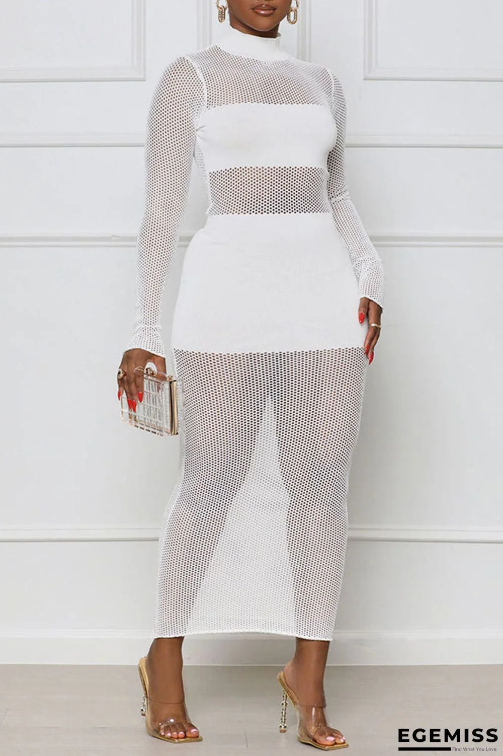 White Sexy Solid Patchwork Half A Turtleneck Pencil Skirt Dresses | EGEMISS