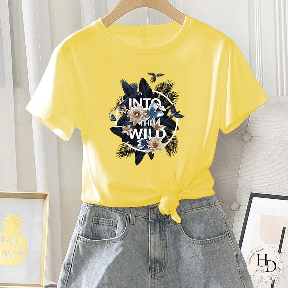 Womens Fashion Short Sleeve Summer Casual Regular T-Shirt Letter Flower Print Ladies