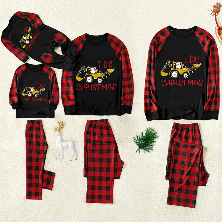I Dig Christmas Santa Cartoon Print Red Plaid Family Matching Pajamas