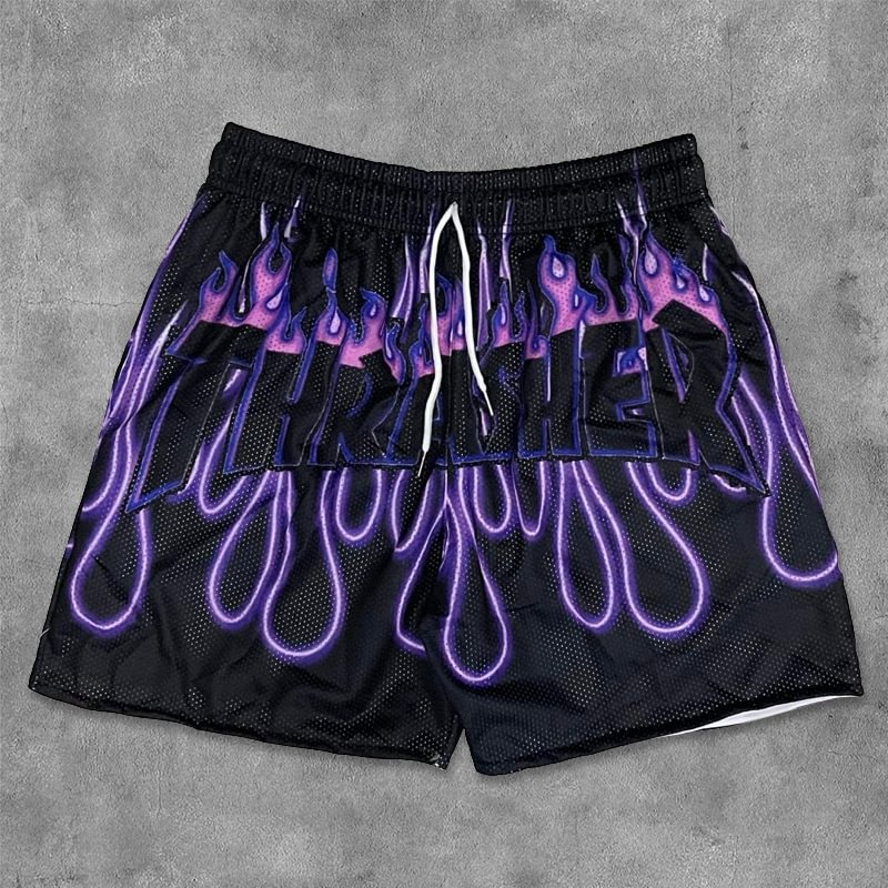 Unisex Vintage Flame Graphics Mesh Drawstring Shorts - SOPULA