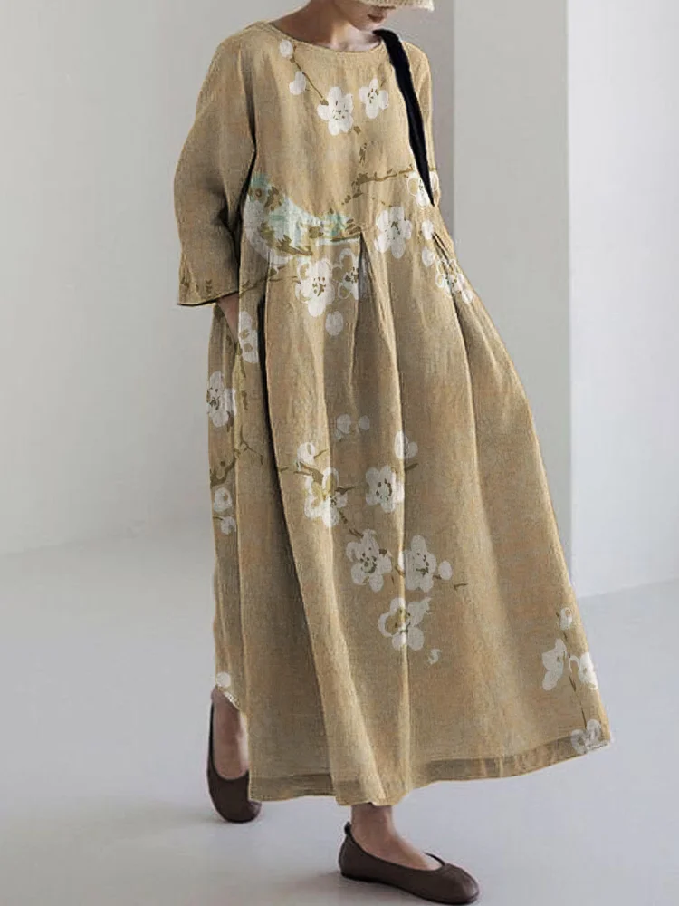 Bird on Plum Blossom Branches Japanese Linen Blend Maxi Dress