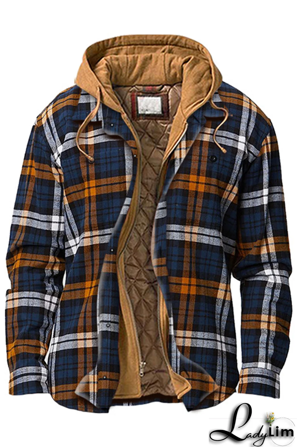 Brown Casual Plaid Draw String Zipper Hooded Collar Outerwear